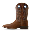 Brown cowboy boot with intricate stitching on a white background