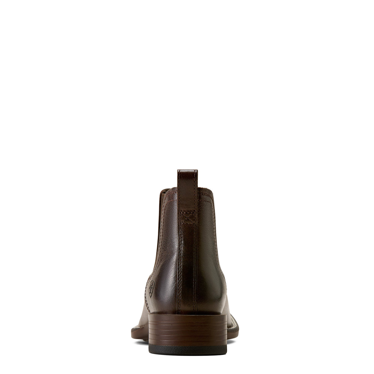 Heel view of Brown leather Chelsea boot with wide square toe and western styling