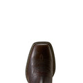 Toe detail of Brown leather Chelsea boot with wide square toe and western styling