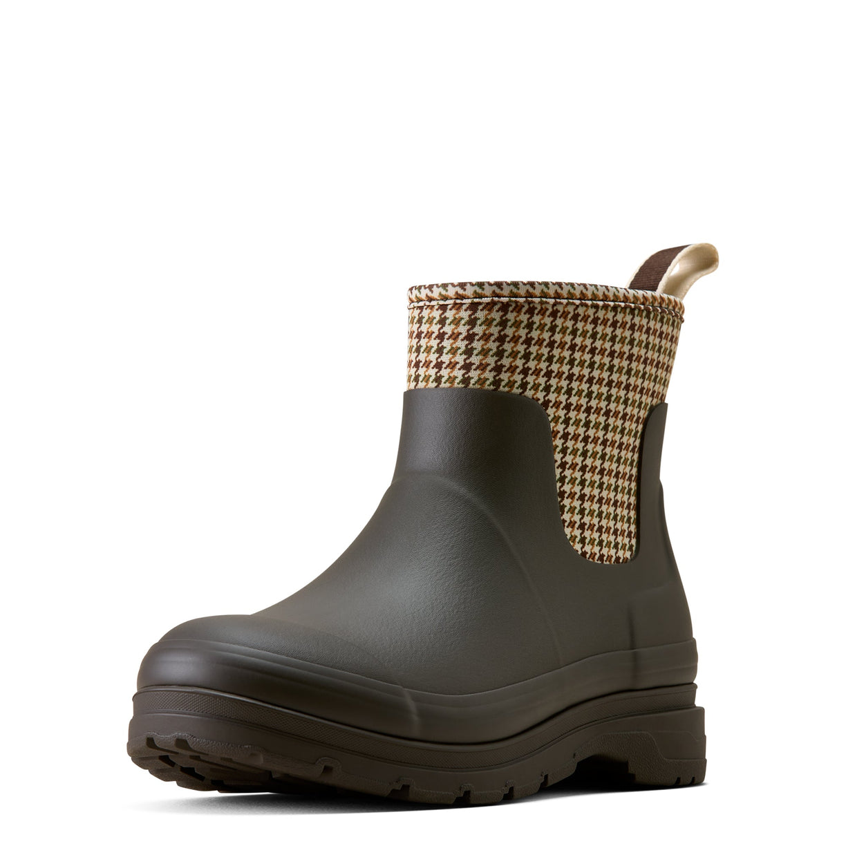 Green rubber boot with houndstooth patterned cuff on a white background