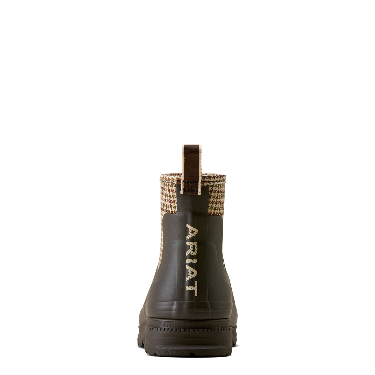 Black rain boot with 'Ariat' branding on a white background