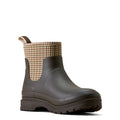 A dark brown rubber rain boot with a brown and beige houndstooth patterned elasticated ankle cuff, shown from a side profile on a white background.