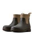 Pair of black rubber boots with houndstooth patterned cuffs on a white background