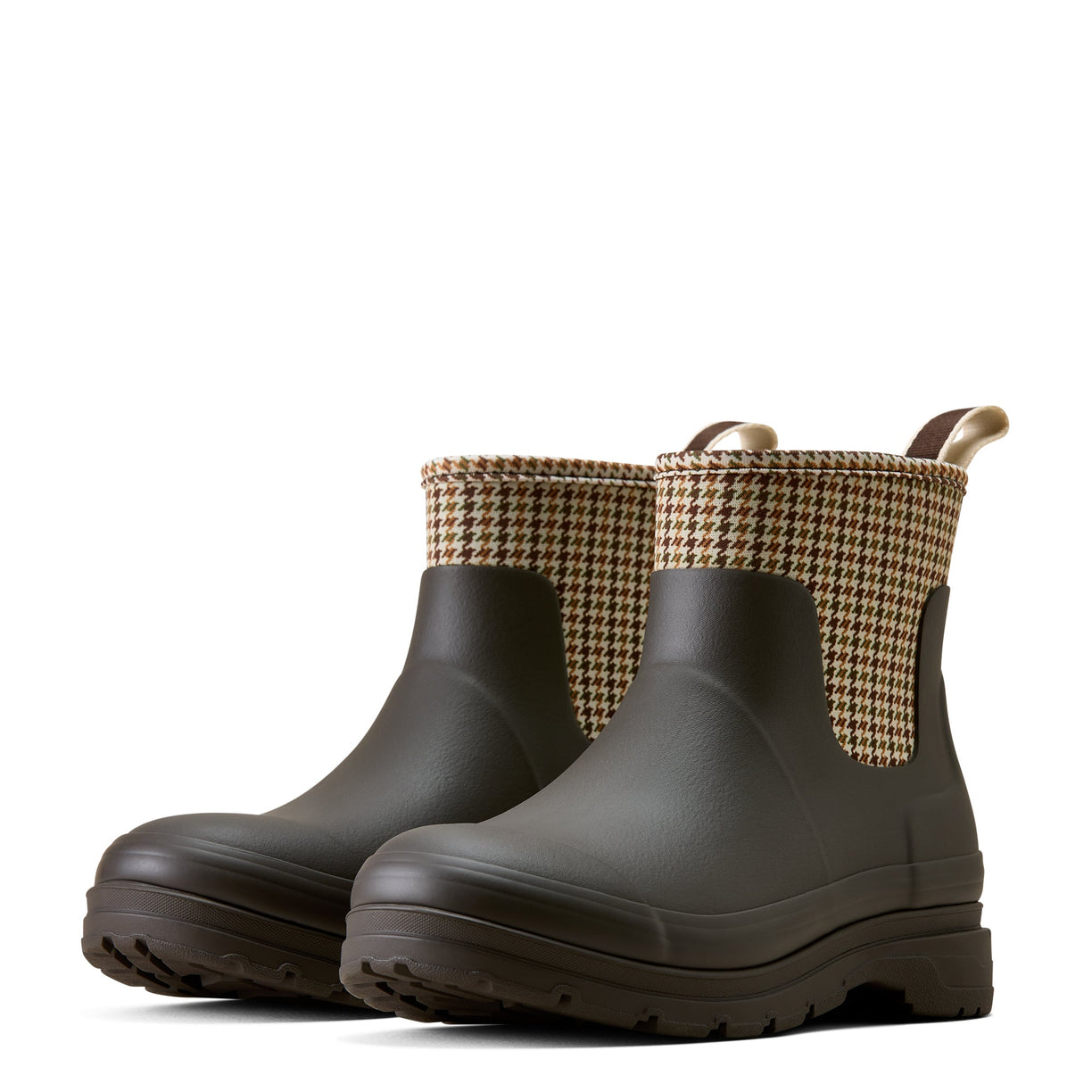 Pair of black rubber boots with houndstooth patterned cuffs on a white background