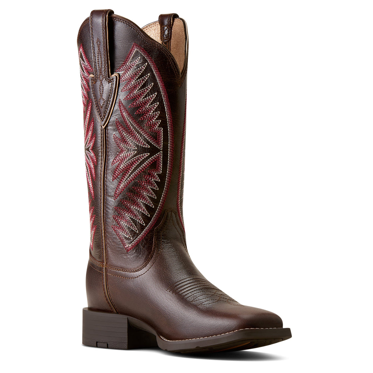 A single dark brown leather cowboy boot with a square toe and a decorative embroidered shaft featuring red and pink geometric patterns, shown against a plain white background.