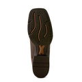 A single brown boot shown from the sole side, featuring a dark brown treaded outsole with tan accent lines and the brand name ARIAT embossed near the heel, on a plain white background.