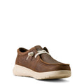 Brown leather shoe with white sole on a white background