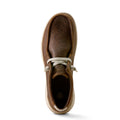 Brown leather shoe with white laces on a white background