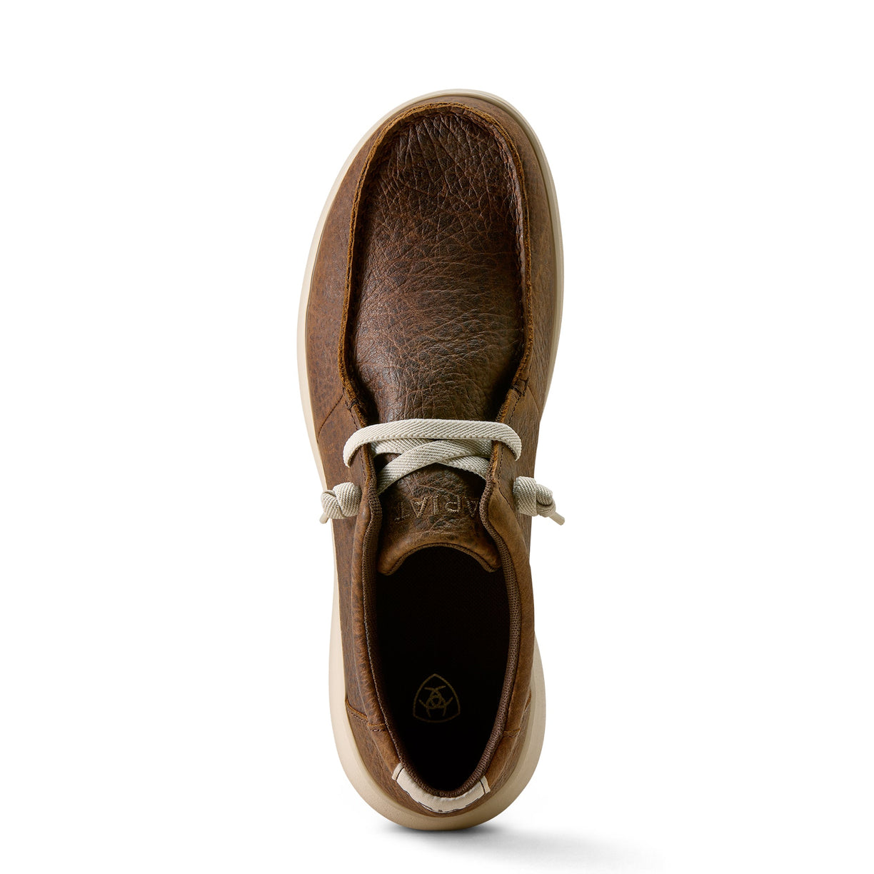 Brown leather shoe with white laces on a white background