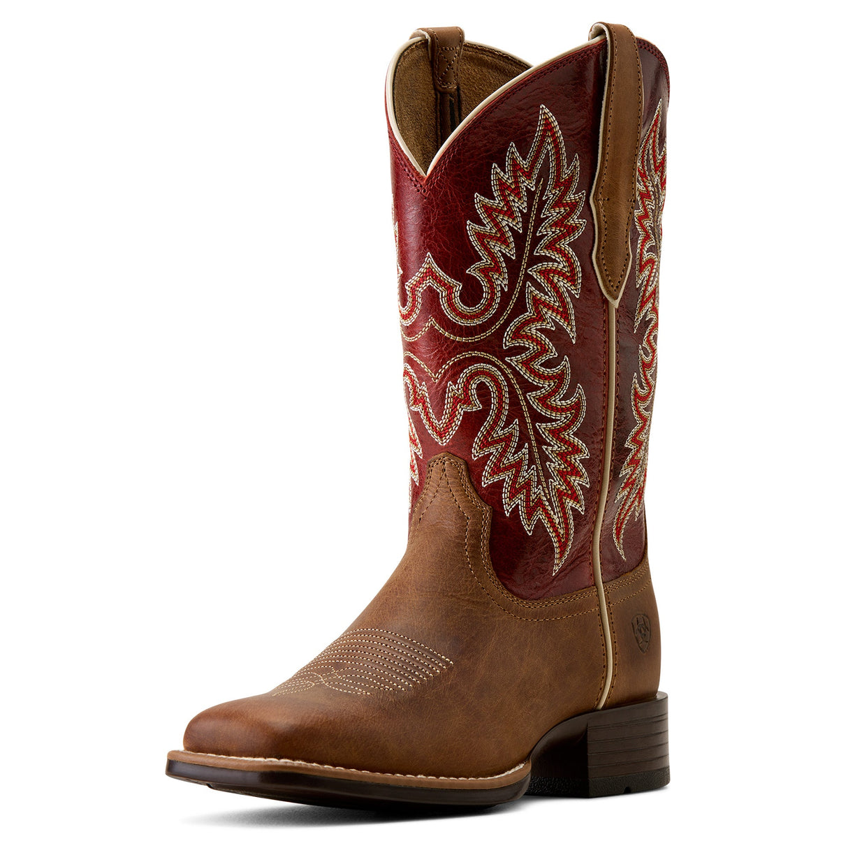 Brown cowboy boot with intricate white embroidery on a white background