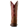 Brown cowboy boot with red and white embroidery on a white background