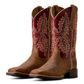 Brown cowboy boots with red and white embroidery on a white background