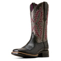 Black cowboy boot with intricate red embroidery on a white background