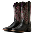 Black cowboy boots with intricate red floral embroidery on a white background