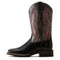 Black cowboy boot with intricate red and white embroidery on a white background