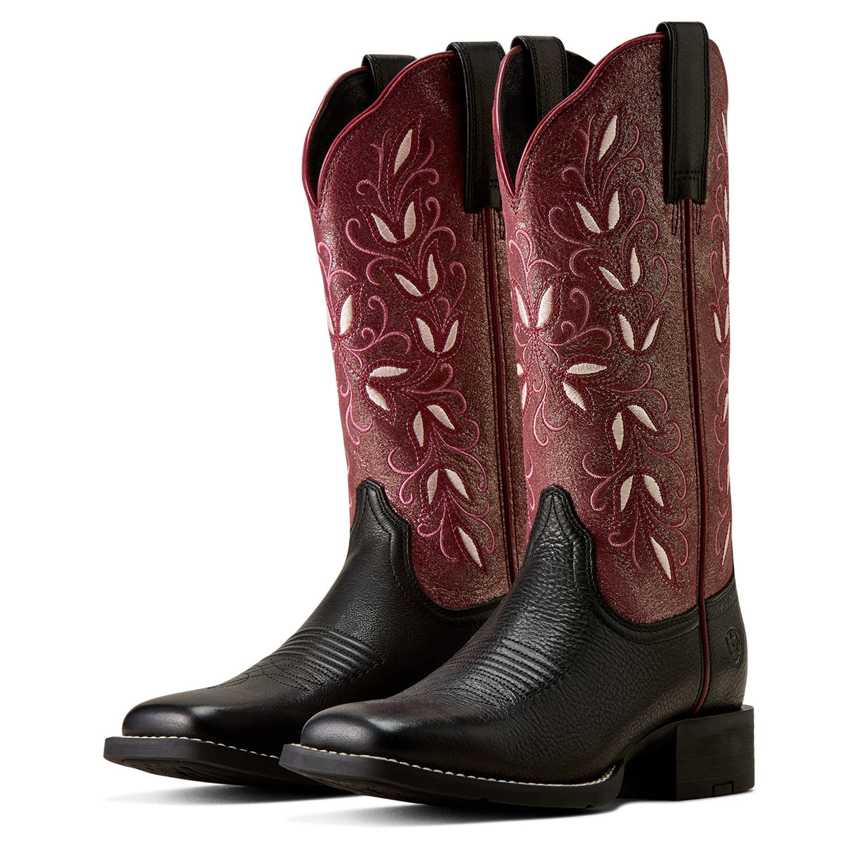 A pair of western cowboy boots with dark brown textured leather feet and burgundy shafts featuring white floral embroidery, shown against a plain white background.