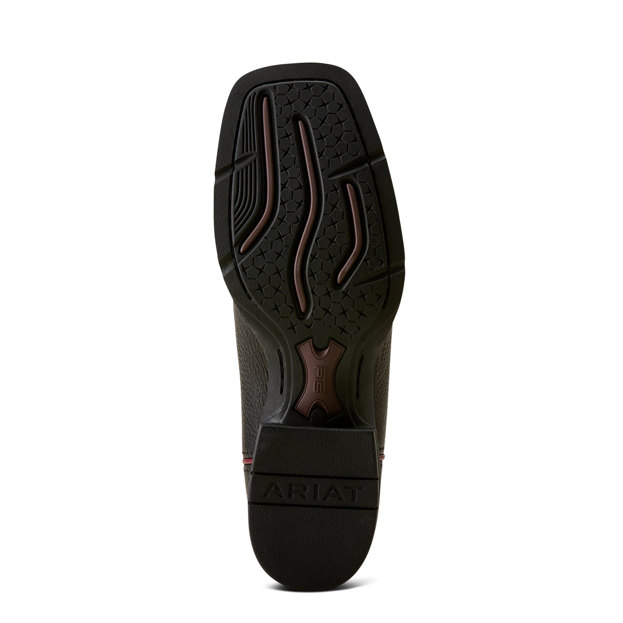 Close-up of a brown boot sole with 'Ariat' branding on a white background