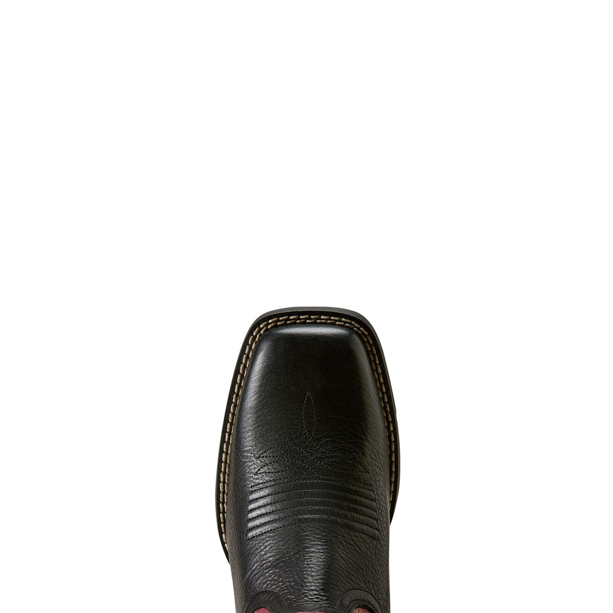 A close-up top-down view of a black leather boot toe with decorative stitching and a square vamp, shown against a plain white background.