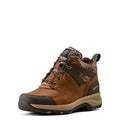 Brown and black hiking boot with patterned accents on a white background