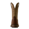 A single brown leather cowboy boot shown from the back, featuring tan shaft panels with decorative zigzag stitching and a stacked dark brown heel, isolated on a white background.