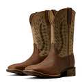 A pair of western cowboy boots in brown leather with tan shafts and dark brown zigzag embroidery, shown on a white background.