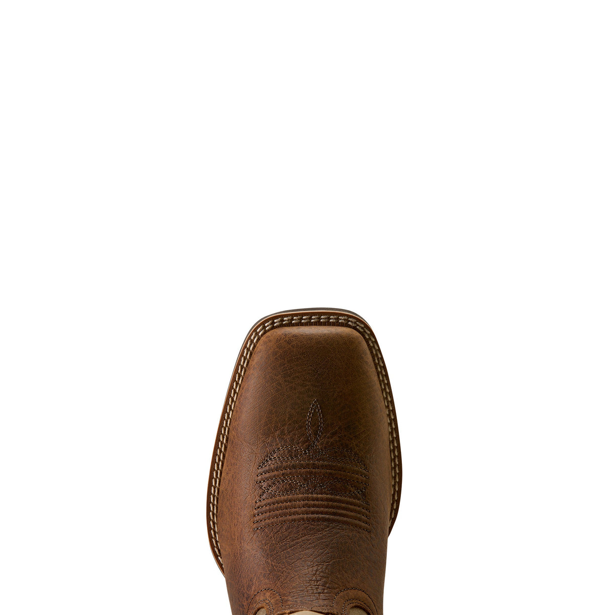 A close-up top-down view of a brown leather boot toe with decorative stitching and a square vamp, shown against a plain white background.