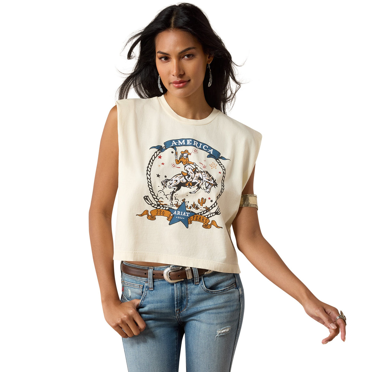 Woman wearing a sleeveless shirt with a graphic design on a white background