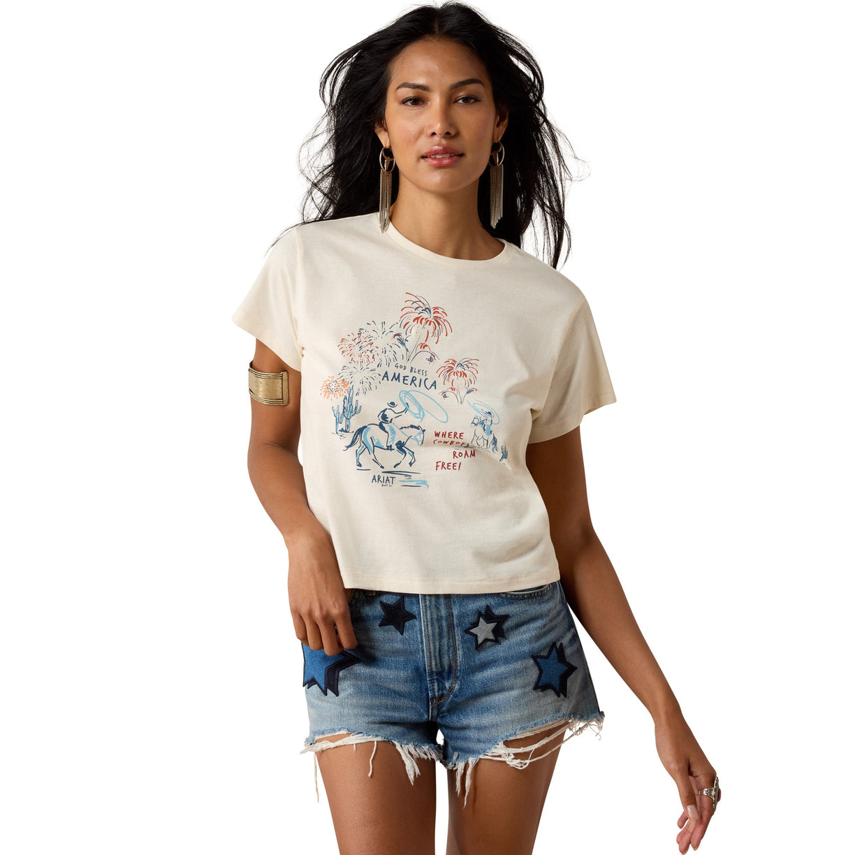 Woman wearing a white t-shirt with a graphic design on a white background