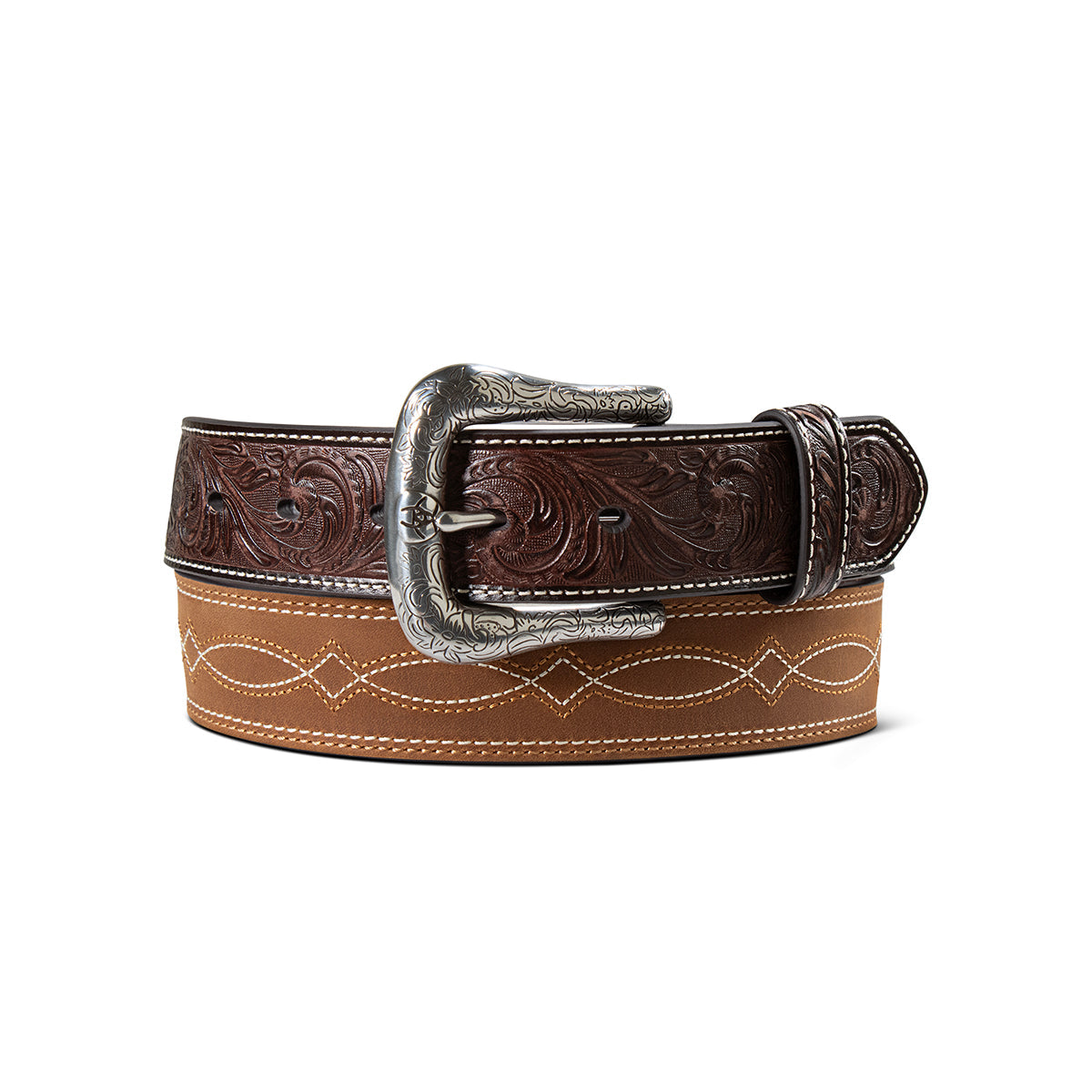 Ariat boot stitch belt in two-tone brown leather with an engraved silver buckle