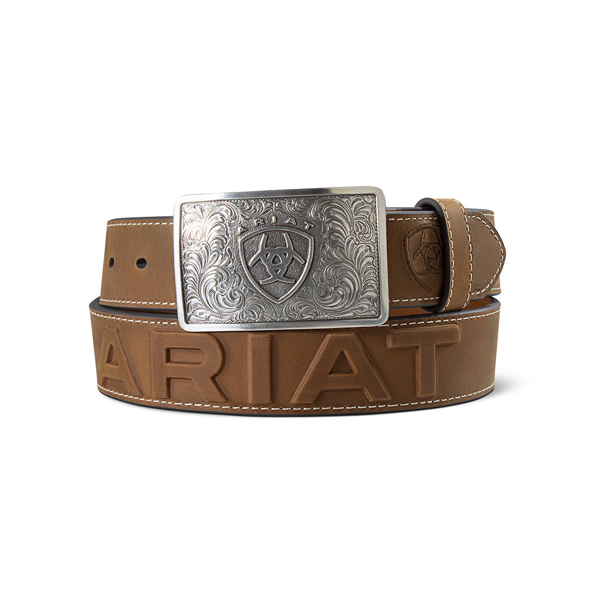 Brown leather belt with 3D embossed lettering and an engraved antique silver buckle