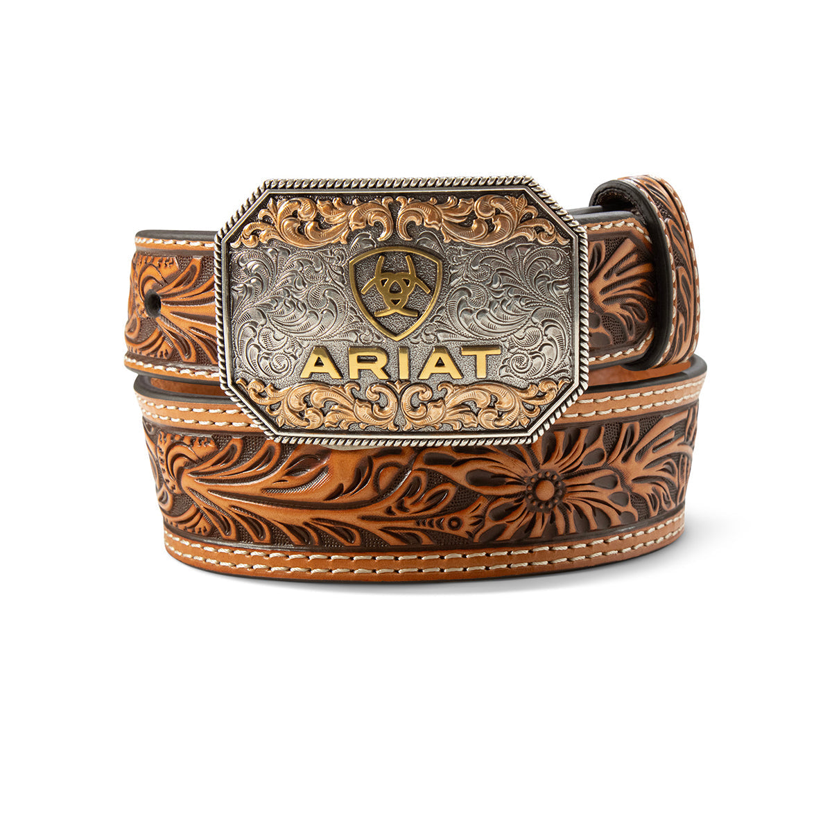 Brown leather belt with intricate designs and Ariat logo on a white background