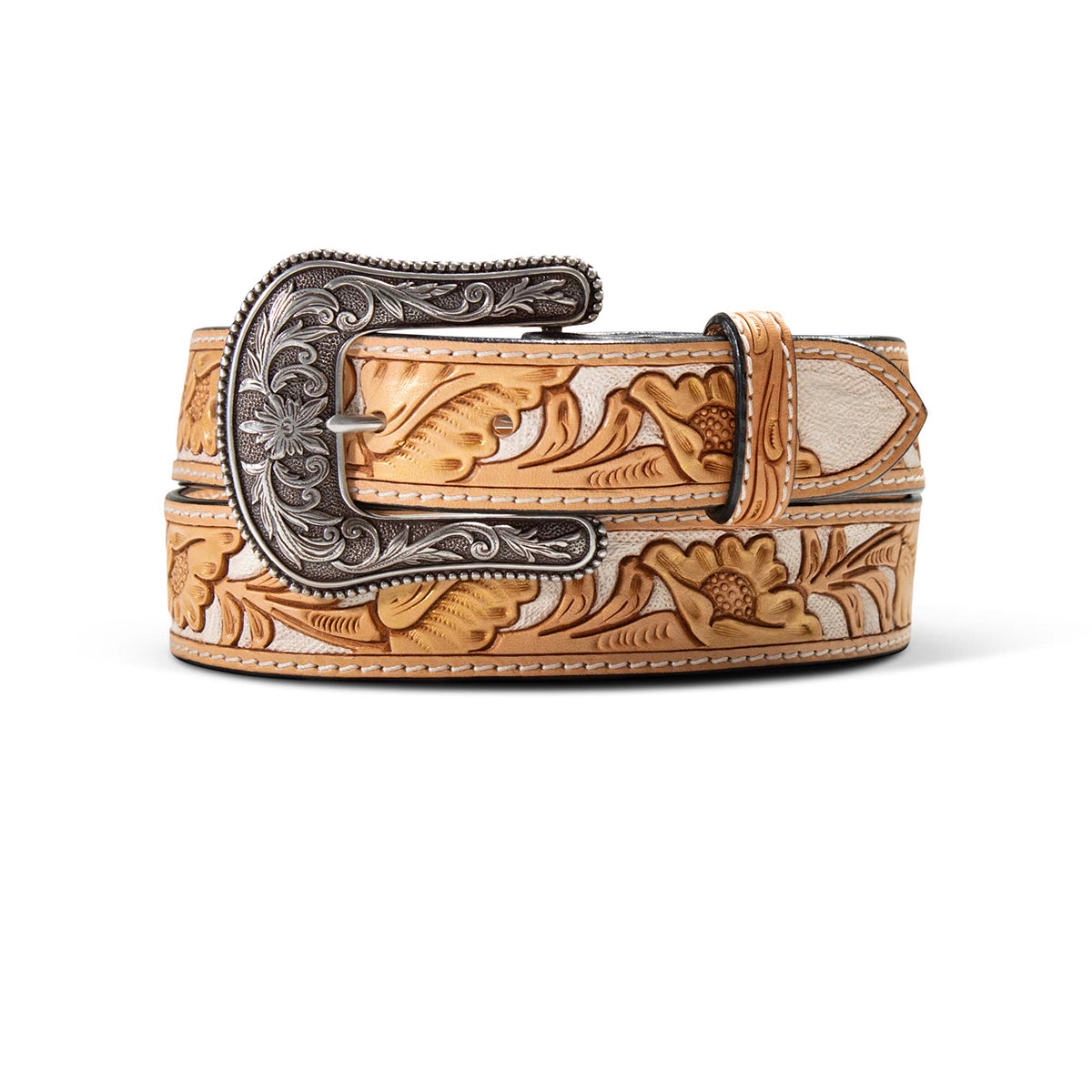 Ariat belt in natural leather with hand-tooled metallic floral detailing