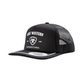 Black trucker cap with a white screen-printed western logo and rope brim trim