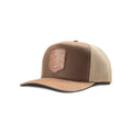 Ariat trucker cap in brown with a faux leather shield patch