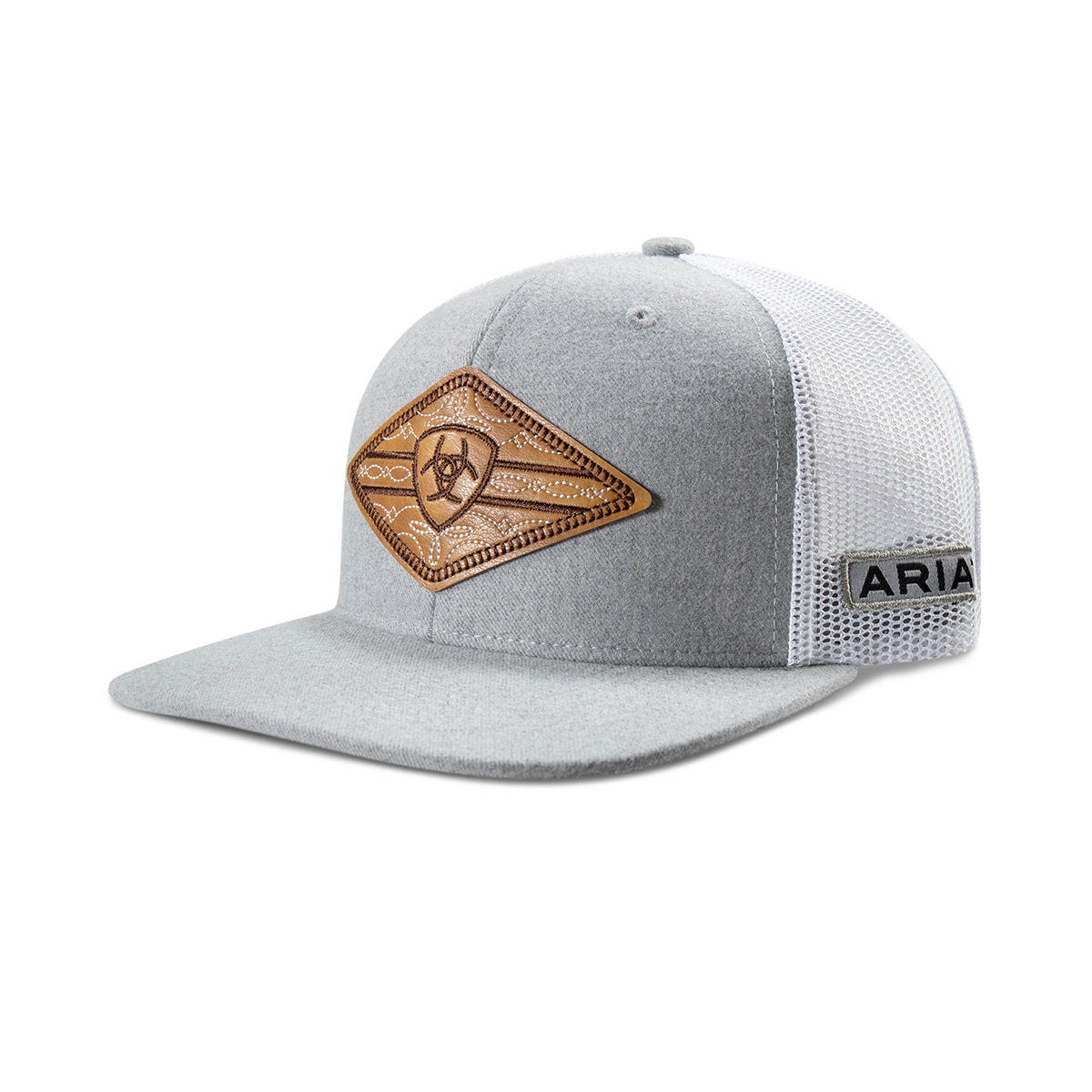 Heather grey trucker cap with a diamond-shaped patch and white mesh back