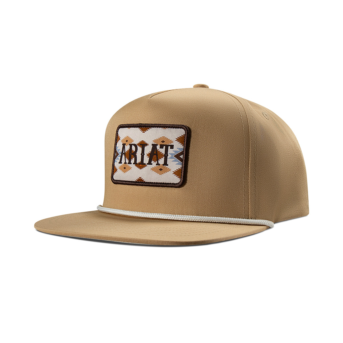 Ariat cap in tan with a southwestern-pattern patch and white rope brim trim