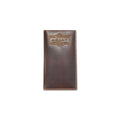 Ariat rodeo wallet in dark brown leather with a heat-embossed crazy horse patch