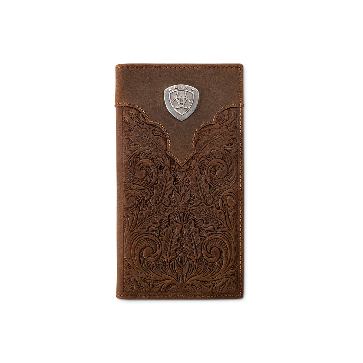 Brown leather rodeo wallet with an embossed floral scroll design and silver concho