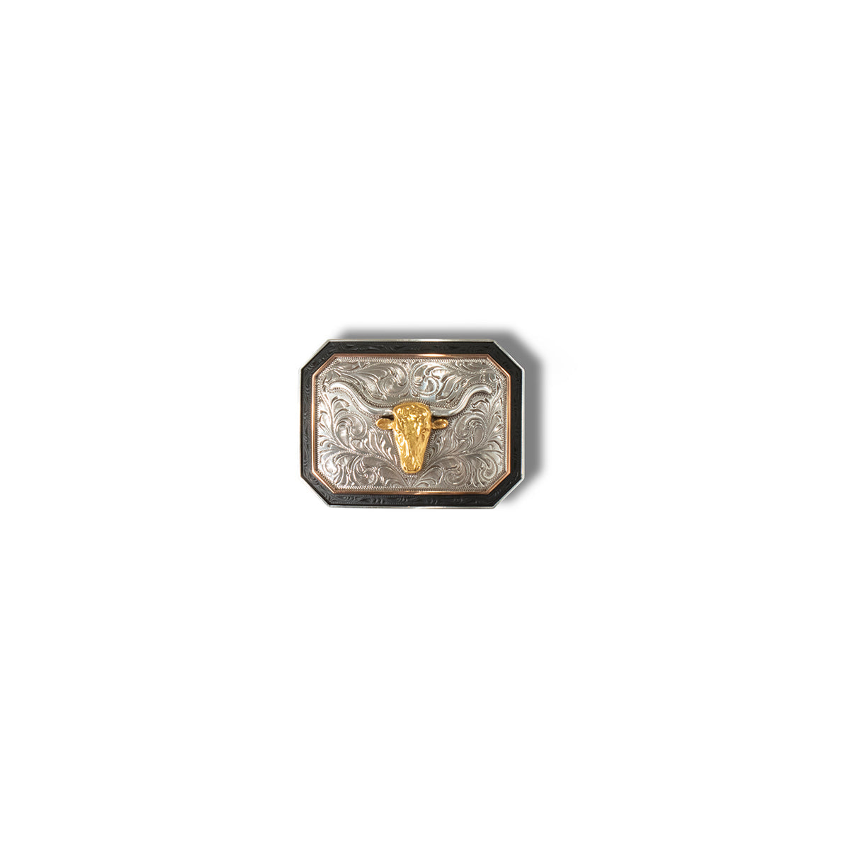 A rectangular longhorn motif buckle with an antique silver and gold finish, engraved with a matte black and copper inner edge.