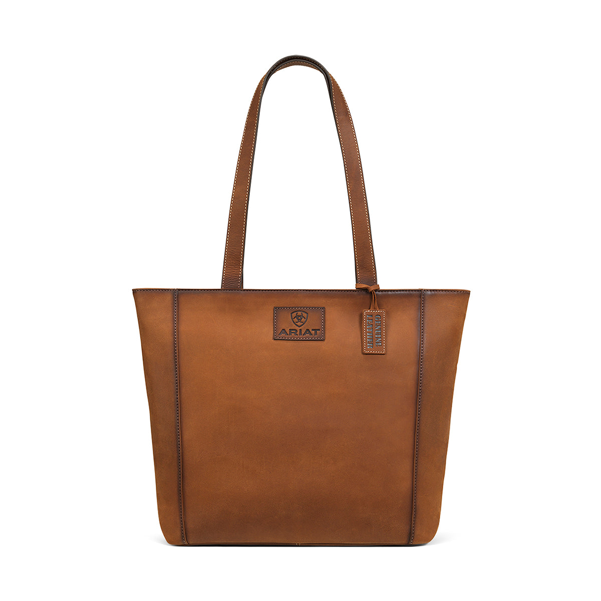 Brown leather tote bag with Ariat logo on a white background