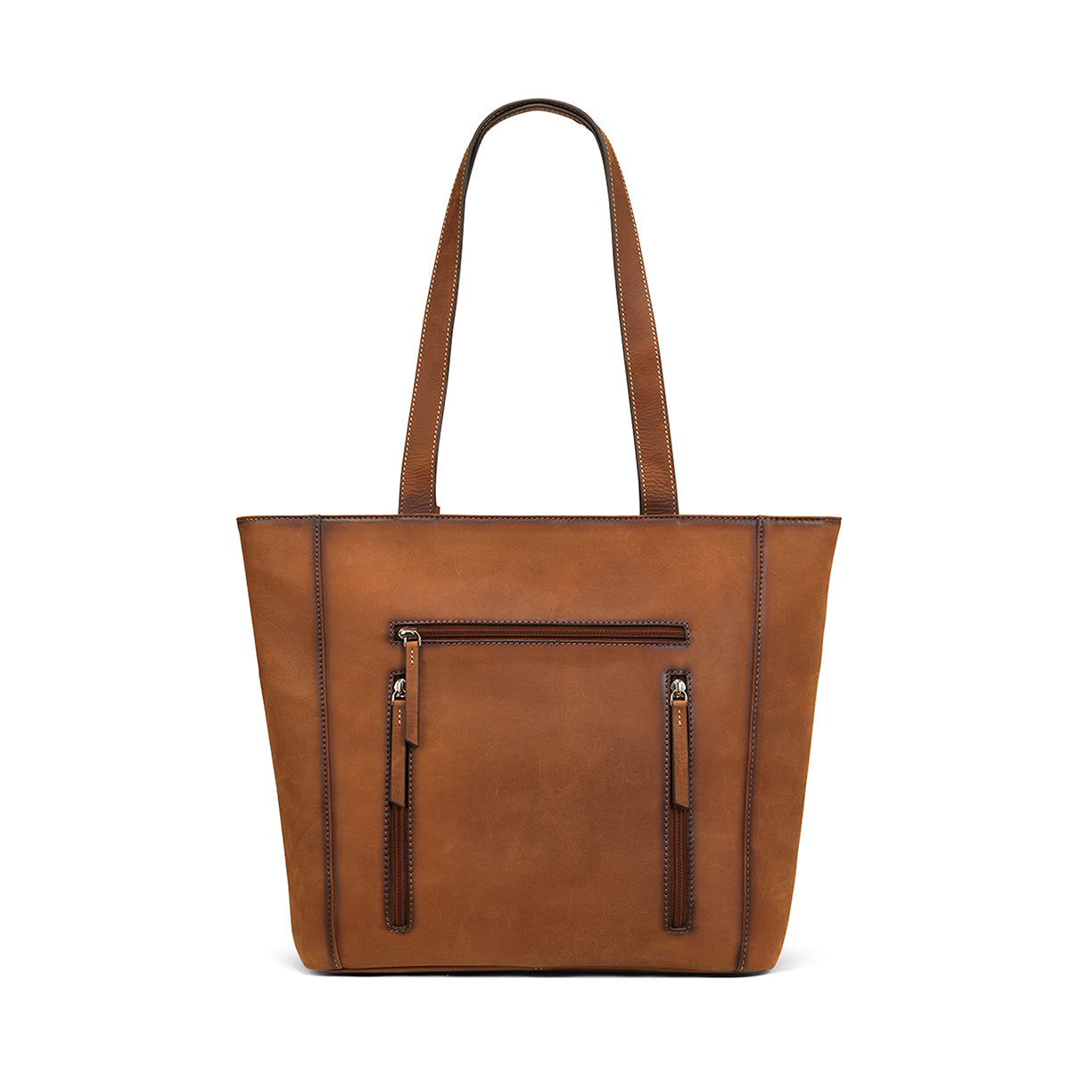 Brown leather tote bag with zipper pockets on a white background