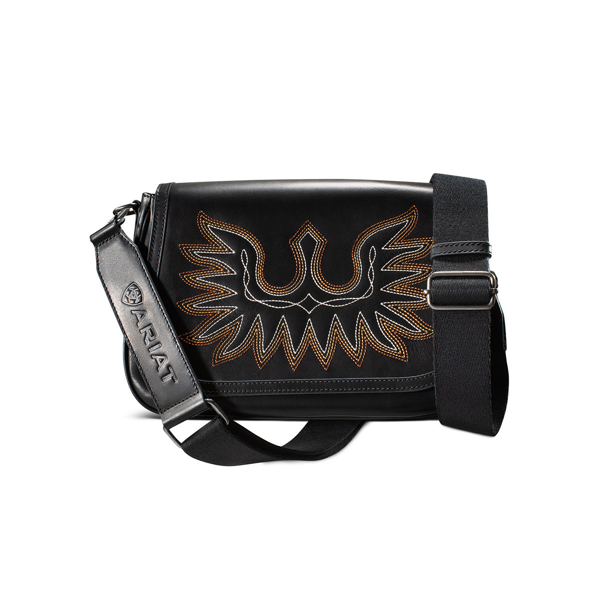 Ariat Cassanova crossbody bag in black leather with an orange boot stitch eagle design