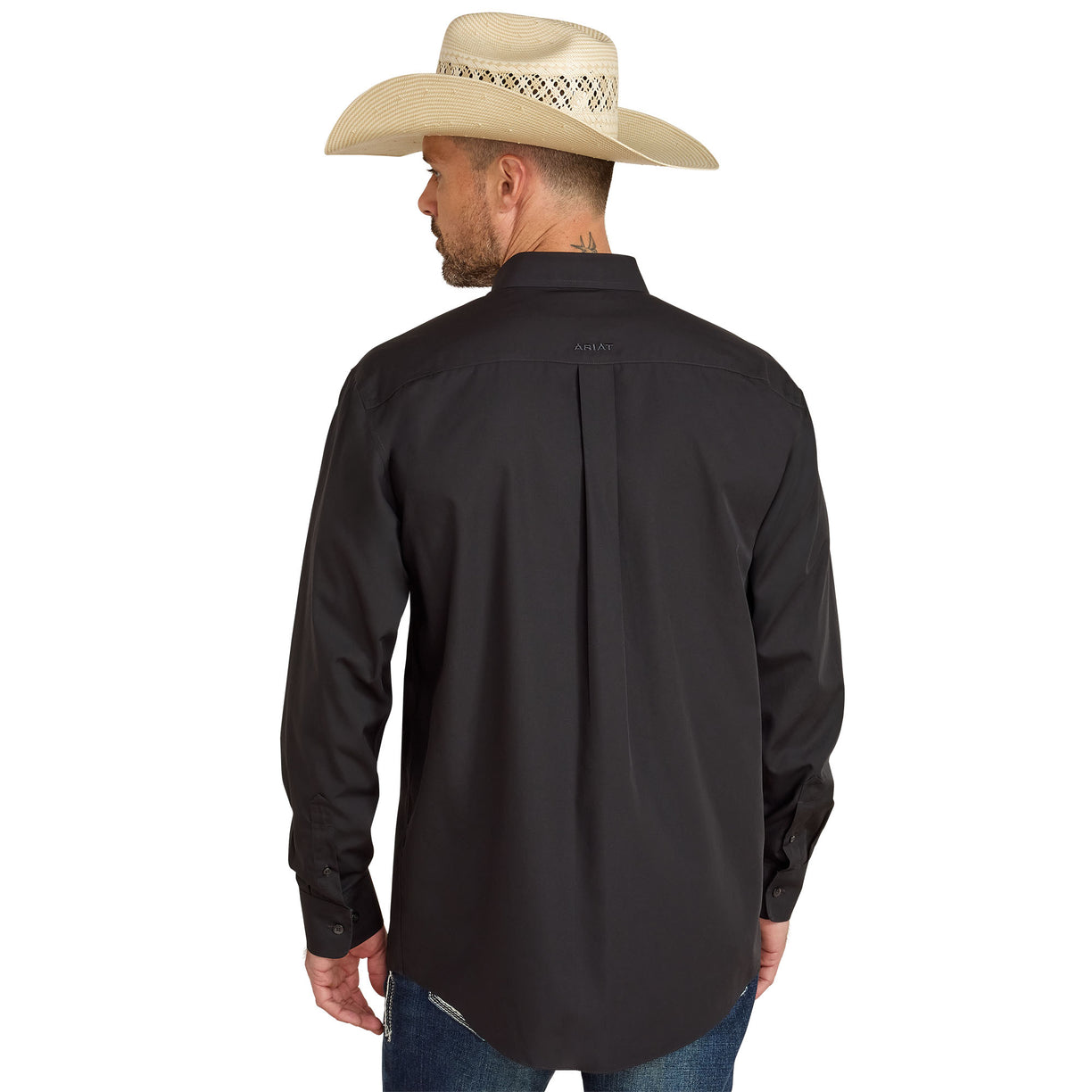 Man wearing a black long-sleeve shirt and beige cowboy hat on a white background