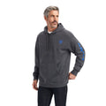 Man wearing a gray hoodie with a logo on a white background