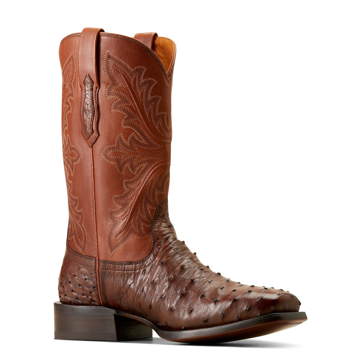 Ariat Men's Bench Made Stilwell Western Boot in Bourbon Full Quill Ostrich Angle