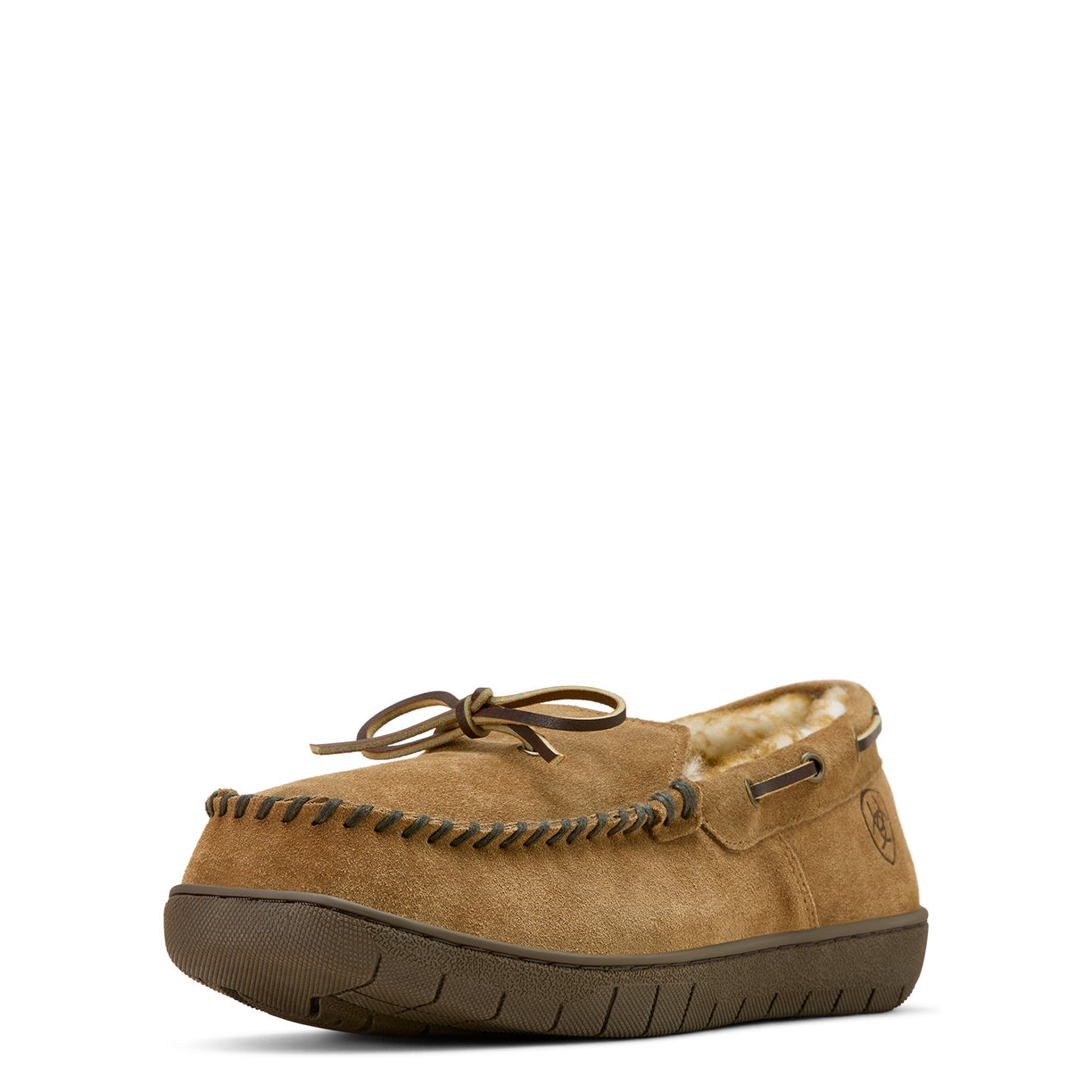 Brown moccasin slipper on a white background