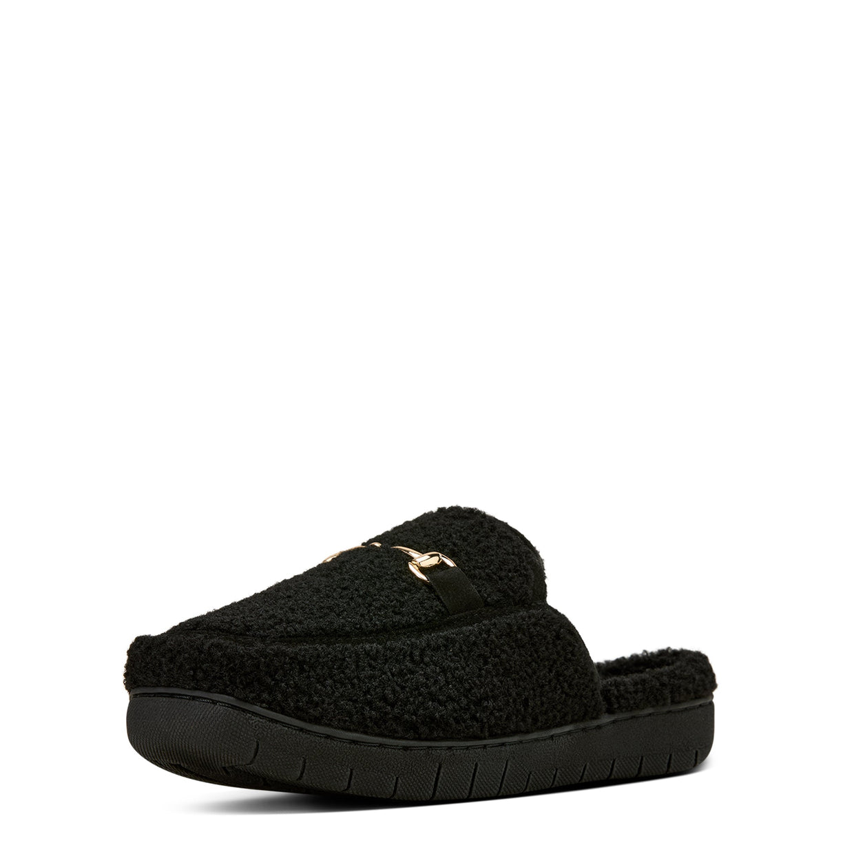 Black slipper with a fuzzy texture on a white background