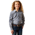 Child wearing a striped shirt and jeans on a white background