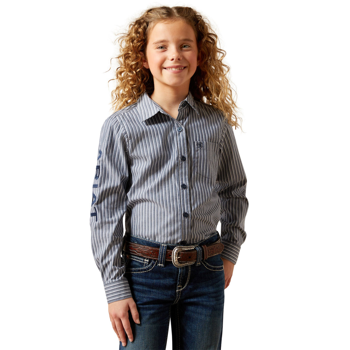 Child wearing a striped shirt and jeans on a white background