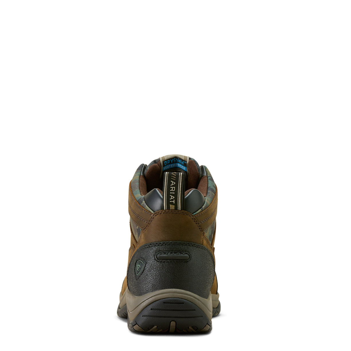 Ariat Men's Terrain Waterproof Boot in dark brown leather with camo print - Heel